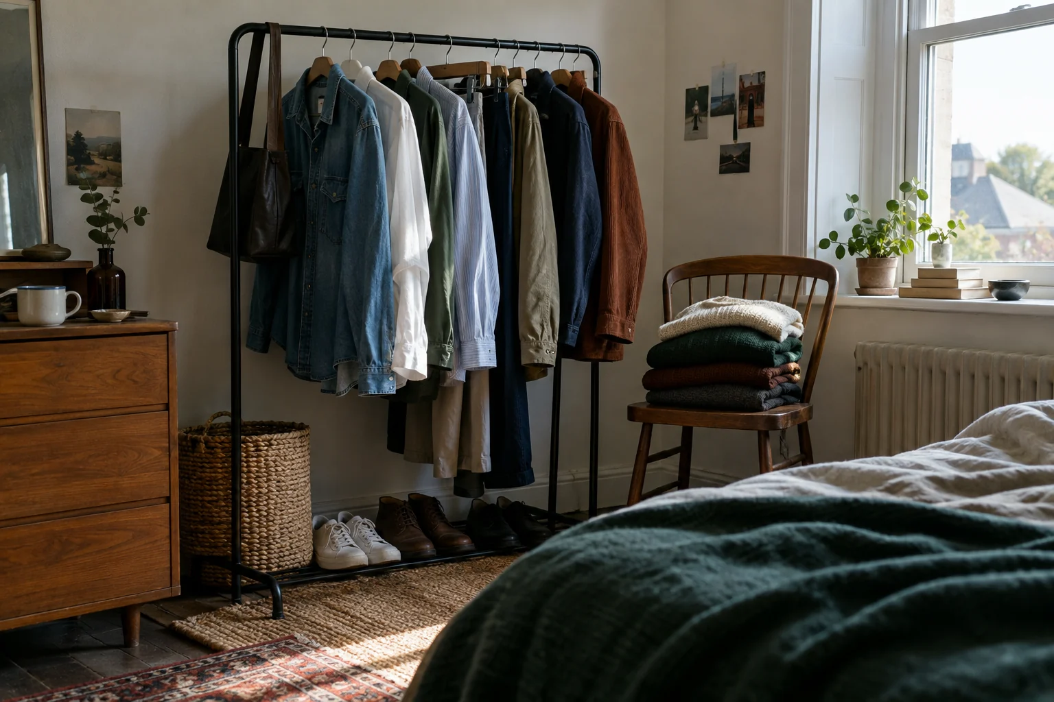 A small rail of everyday clothes beside folded knitwear in a bedroom