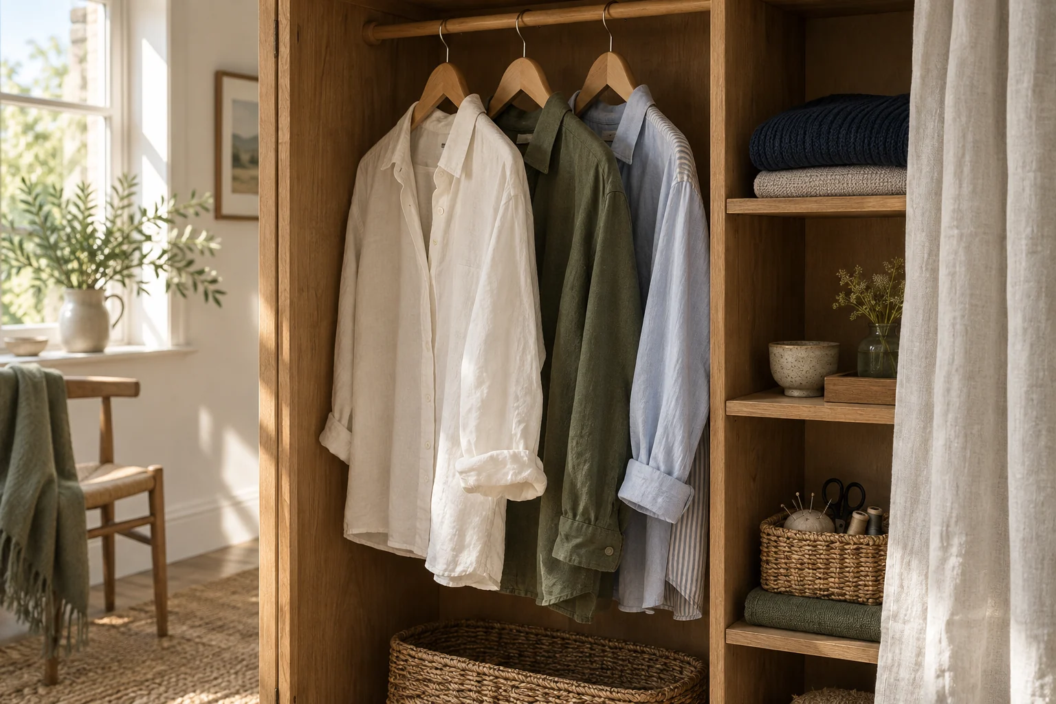 Cream, olive and blue shirts hanging in a wooden wardrobe beside folded knitwear and a sewing basket